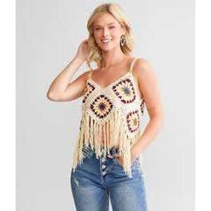 Boho Crochet Fringe Crop Top Tan Blue Red White Festival medium